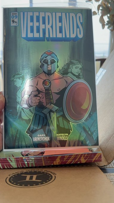 A physical copy of 'Veefriends' Issue 09 comic book featuring a warrior character on the cover, with credits to Gary Vaynerchuk and Katelyn Ninnels, resting on a box with 'DAILY WAGES II' printed on it.