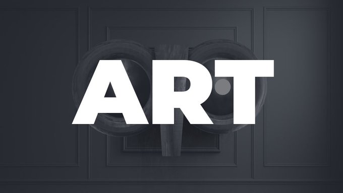 Minimalist graphic design featuring the bold white text 'ART' overlaid on a dark gray paneled wall background.