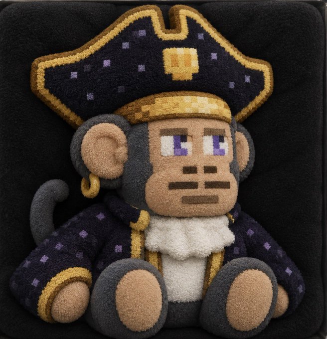 A plush toy of a monkey character wearing a pirate hat with stars and a captain's coat, featuring gold trim details.
