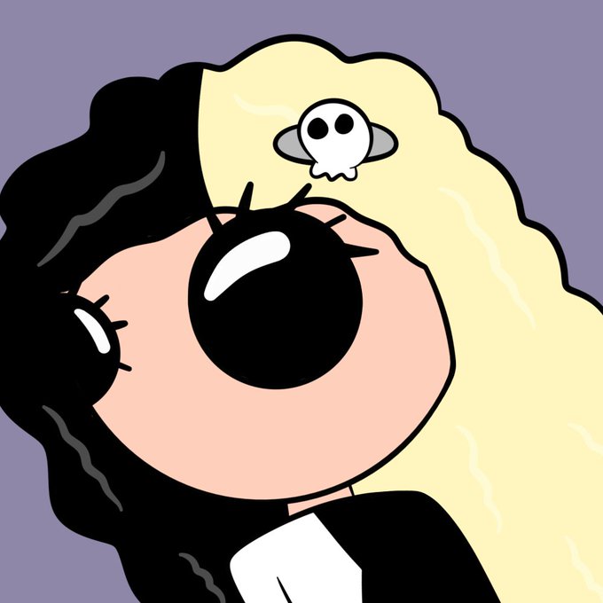 A stylized cartoon portrait of a girl with large black eyes, split-colored hair in black and blonde, wearing a skull hairclip against a solid purple background.