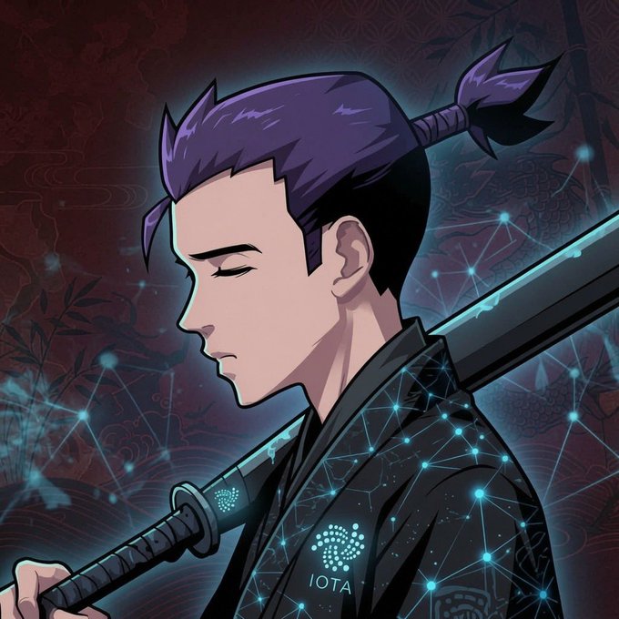 An anime-style illustration of a purple-haired samurai in profile with a sword, featuring an 'IOTA' logo and digital network pattern overlay.