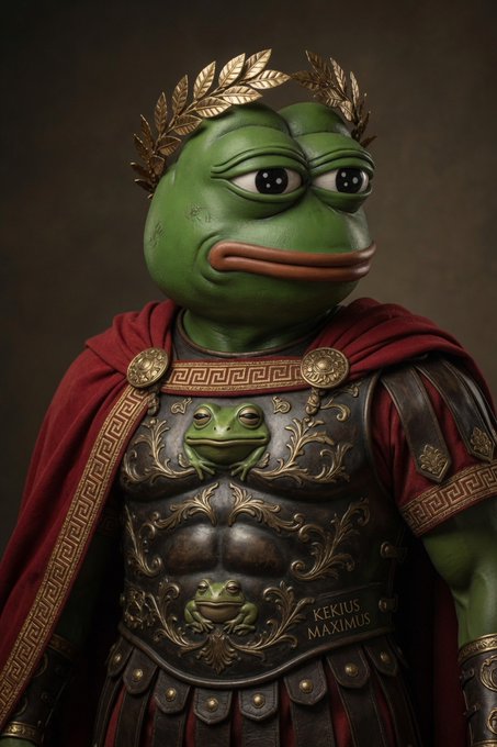 A detailed portrait of Pepe the Frog dressed as a Roman general in ornate golden armor with a red cape, with 'PEKIUS MAXIMUS' inscribed on the breastplate.