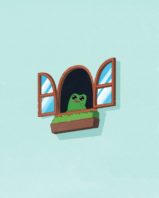 An illustration shows a cute green frog character peeking out from a brown arched window with open shutters, set against a soft mint-green background.