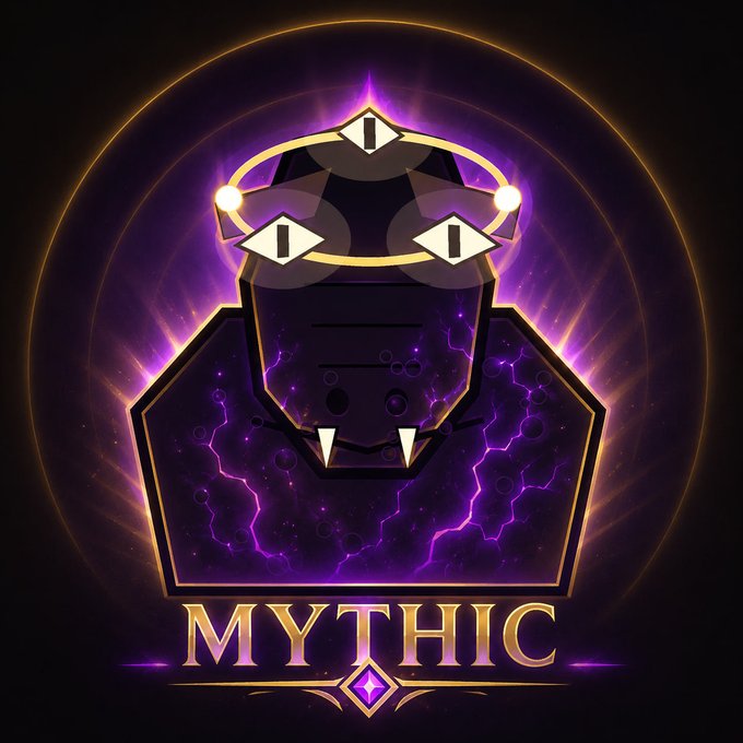 A stylized graphic of a black snake with golden eyes and fangs, framed in gold against a purple background with lightning effects and the text 'MYTHIC'.