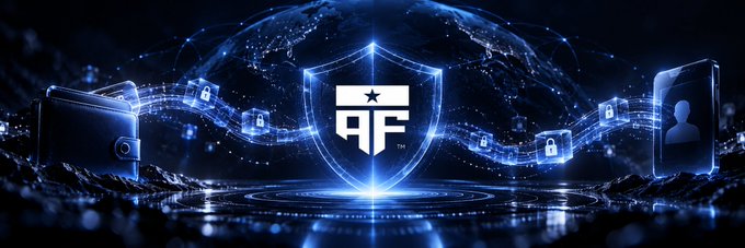 A digital security graphic featuring a glowing blue shield with a "QF" logo, flanked by a wallet and phone icon connected by chains with lock symbols, set against a dark globe background.