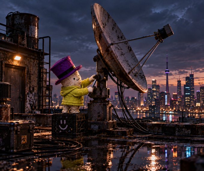 A whimsical scene featuring a small white bear-like character wearing a purple top hat and green sweater, standing on a box and operating a large satellite dish on a rooftop overlooking the illuminated Toronto skyline at dusk, including the CN Tower.