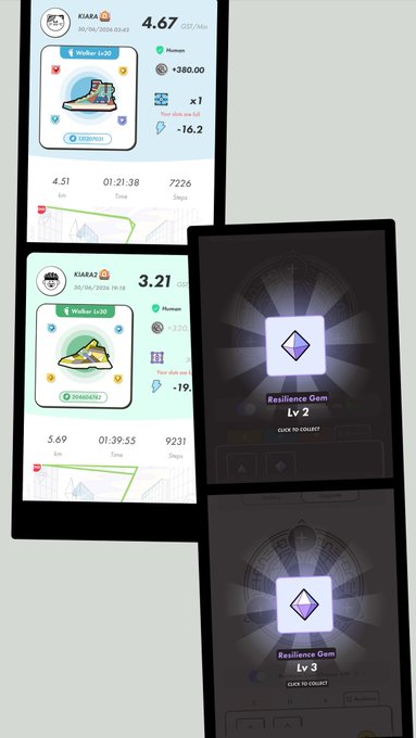 STEPN app screenshots showing Walker sneaker NFTs (KIARA) with GMT earnings, plus Resilience Gem rewards at Lv2 and Lv3.