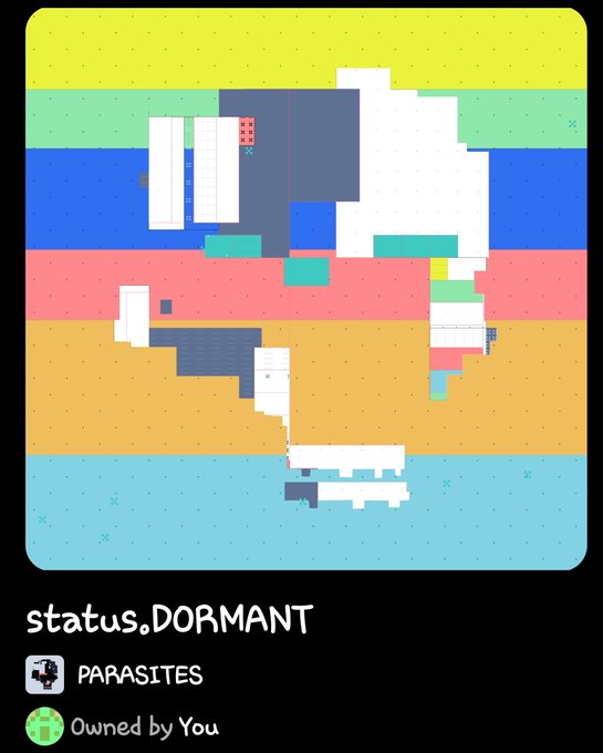 A pixel-art game card shows a map with colored horizontal bands, labeled 'status: DORMANT', 'PARASITES', and 'Owned by You'.