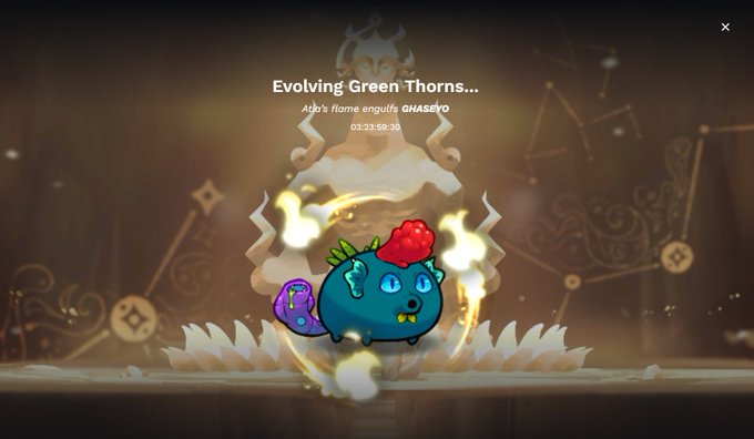 The image features a cartoon character with blue fur, green horns, and red eyes sitting on top of a white flower. The character appears to be facing towards the left side of the screen. In the background, there are stars scattered across the scene, adding depth and dimension to the image. The post is titled "evolving green thorns... @AxieInfinity @Ronin_Network".