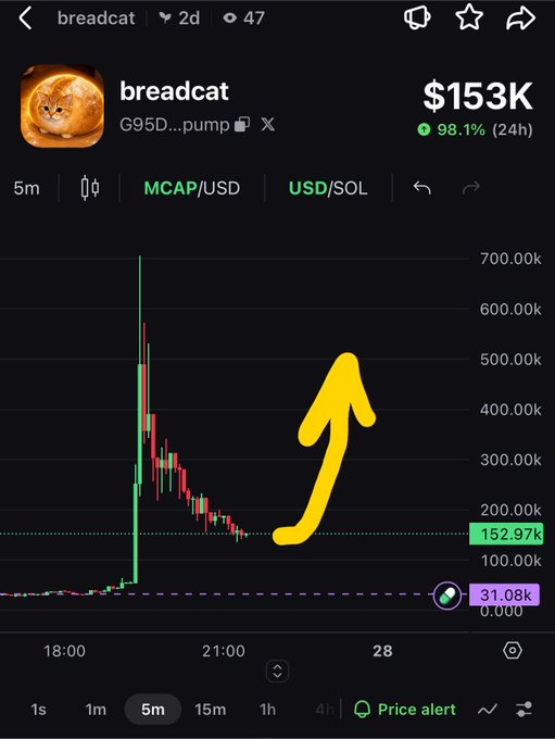 A screenshot of the breadcat ($G95D...pump) token chart on a crypto trading app, showing a massive spike to ~$700K market cap before pulling back to $152.97K (up 98.1% in 24h), with a yellow hand-drawn arrow pointing upward at the recent bounce—visually reinforcing the post's call for an imminent 2-3x "big pump" breakout.