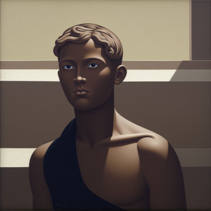A stylized digital portrait of a young person with wavy brown hair, depicted in a monochromatic brown tone with geometric lighting and a striped background.