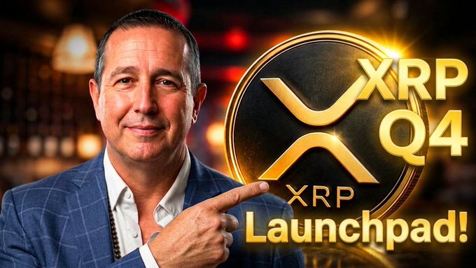 A man points toward a large XRP coin graphic with the text 'XRP Q4 Launchpad!' displayed beside him.