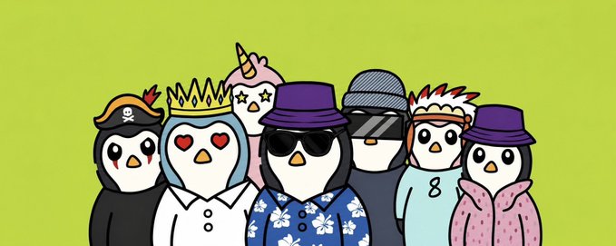 A lineup of seven cartoon penguins with various accessories—including crowns, hats, sunglasses, and a unicorn—stand against a bright green background, representing the "Hood Penguins" NFT collection launching on OpenSea via the Robinhood chain with a 10,000 supply on July 30 at 2:45 PM UTC.