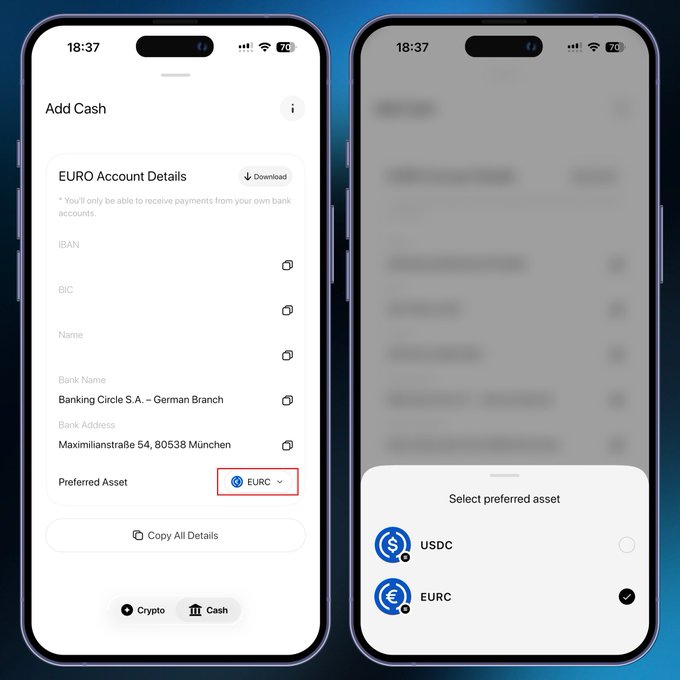 Two iPhone screens show a crypto wallet app, with the left displaying 'Add Cash' and 'EURO Account Details' for Banking Circle S.A. – German Branch, and the right showing a 'Select preferred asset' menu with USDC and EURC options.