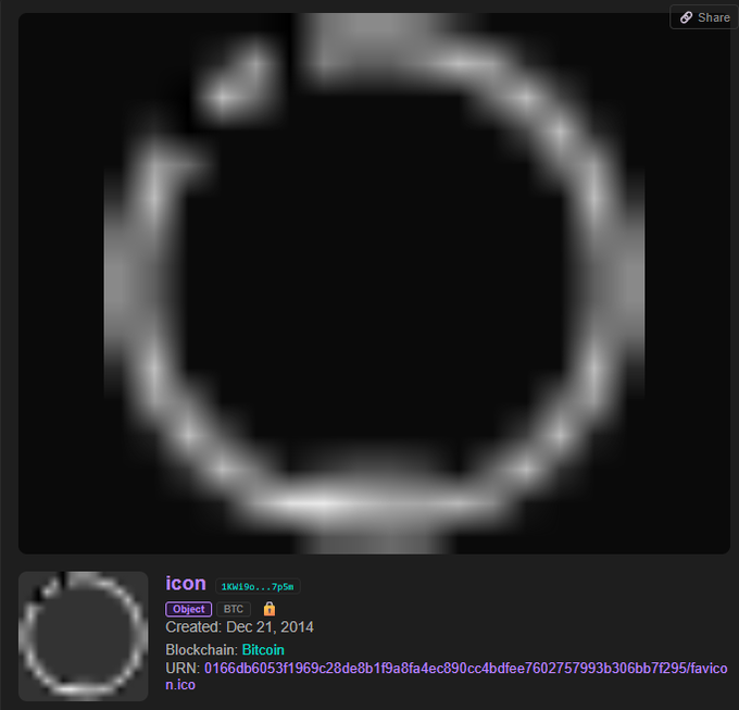 A pixelated, glowing silver ring-like icon displayed on a dark background, with metadata showing it is titled 'icon', created on Dec 21, 2014, on the Bitcoin (BTC) blockchain.