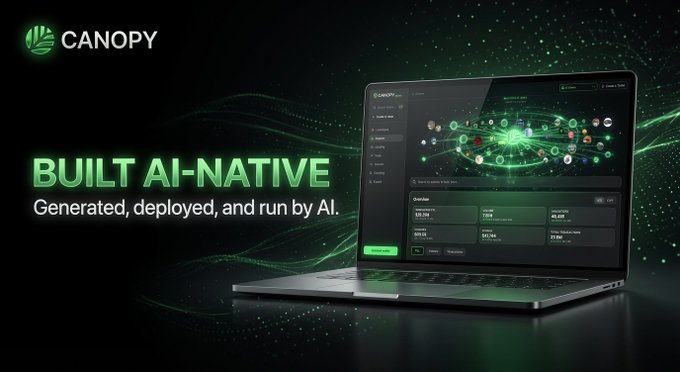 A promotional graphic for Canopy featuring a laptop displaying the "CNPY" platform dashboard with an AI-powered network visualization, alongside the tagline "BUILT AI-NATIVE: Generated, deployed, and run by AI." The image visually reinforces the post's message that Canopy is architecturally designed from the ground up for AI to create, deploy, and operate—not simply retrofitted with AI features.