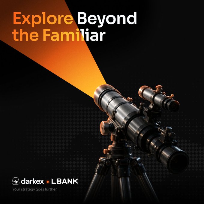 A telescope beam projects upward in warm orange against a dark background, paired with the headline "Explore Beyond the Familiar" and the branding "darkex • LBANK — Your strategy goes further," visually reinforcing the message that new opportunities emerge when the Darkex and LBank ecosystems collaborate to look past conventional horizons.