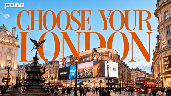 A promotional graphic features the text 'CHOOSE YOUR LONDON' in large orange letters over a bustling cityscape that includes the Piccadilly Circus billboards and a red double-decker bus.