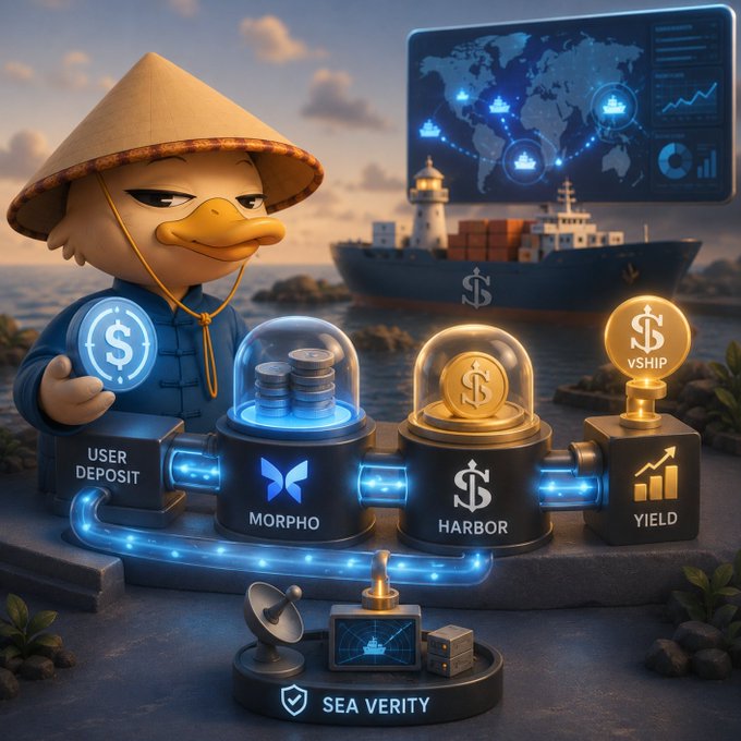 A 3D-rendered illustration of a duck character in a conical hat next to a workflow diagram labeled "USER DEPOSIT," "MORPHO," "HARBOR," and "YIELD," with a "SEA VERITY" shield and shipping vessels in the background.