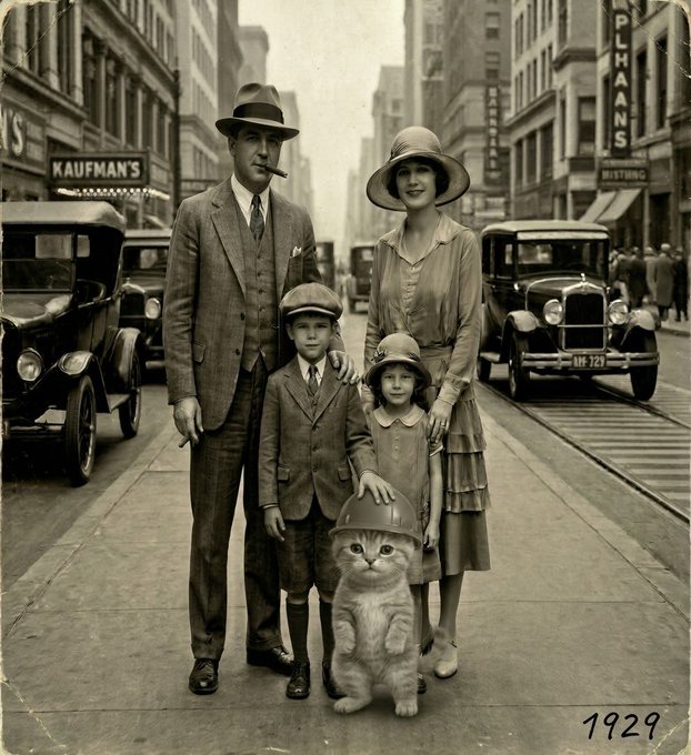A sepia-toned vintage-style photograph of a 1929 family—a man in a suit, a woman, and two children—standing on a city street with an oversized cat holding a helmet in the foreground.