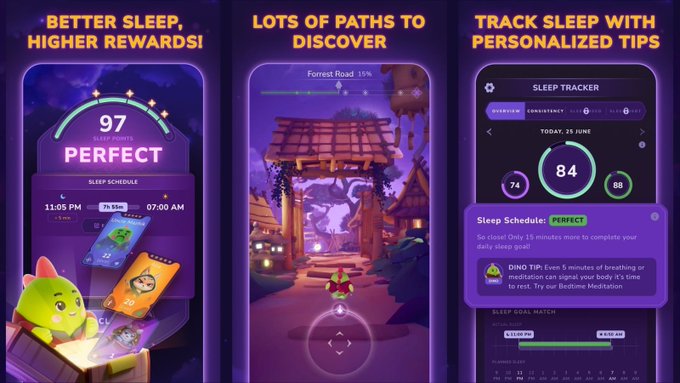 The image shows a Sleep app designed by @Sleepagotchi. The app offers a fun sleep experience for children through games that help them learn the importance of sleep hygiene. To earn native ShELLO from the platform, players must successfully complete various sleep-related challenges and games. They will also receive an item called Solana in exchange, which can be used to grow their NFT collection or any other reward on the app store. The app is aimed at parents looking for a way to teach children about the importance of proper sleep habits while making the experience enjoyable and engaging for them.