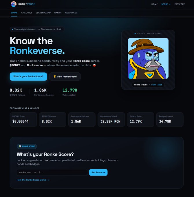 A screenshot of the 'RONKEVERSE' website analytics page for $RONKE token, showing metrics like 8.02K holders and displaying a wizard character NFT labeled 'Ronke #3286'.