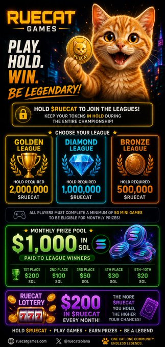 A promotional poster for $RUECAT Games featuring a cat holding a golden coin, advertising a "Play, Hold, Win. Be Legendary!" campaign with three league tiers—Golden (2M), Diamond (1M), and Bronze (500K) $RUECAT required—to compete for a $1,000 monthly SOL prize pool and a $200 $RUECAT lottery, aligning with the post's emphasis on play-to-earn gameplay and token burning.