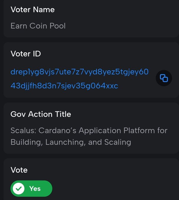 The image shows a phone screen with a voting app, displaying a list of options for users to choose from. The options include "Govern Action Title", "Scalus: Cardano's Application Platform for Building, Launching, and Scaling". A green checkmark is visible in the bottom left corner, indicating that the user has chosen one of these options or has already voted on it.
