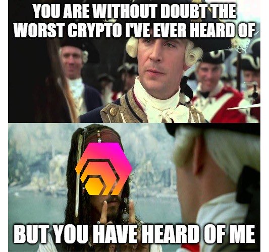 A meme featuring two panels from a Pirates of the Caribbean movie with text: 'YOU ARE WITHOUT DOUBT THE WORST CRYPTO I'VE EVER HEARD OF' and 'BUT YOU HAVE HEARD OF ME', with a cryptocurrency logo over Jack Sparrow's face.