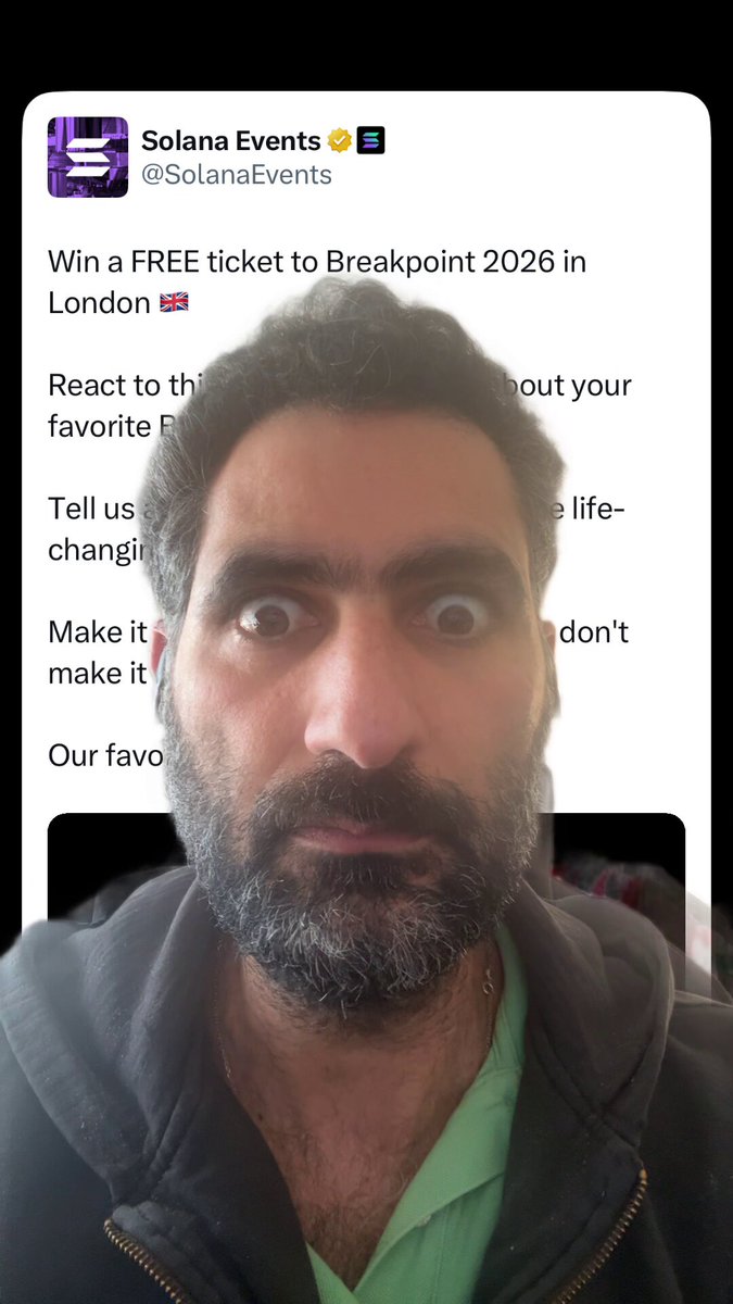 The image shows a man with a beard wearing a black jacket, looking at his phone screen. The text on the screen reads "Let's try something different @SolanaEvents this may or may not have happened but thought why miss this opportunity to shill onchainhub in the least traditional way possible". This post is related to Solana Events as it appears to be a sponsored post promoting an event, and the man seems to be sharing his experience with the event.