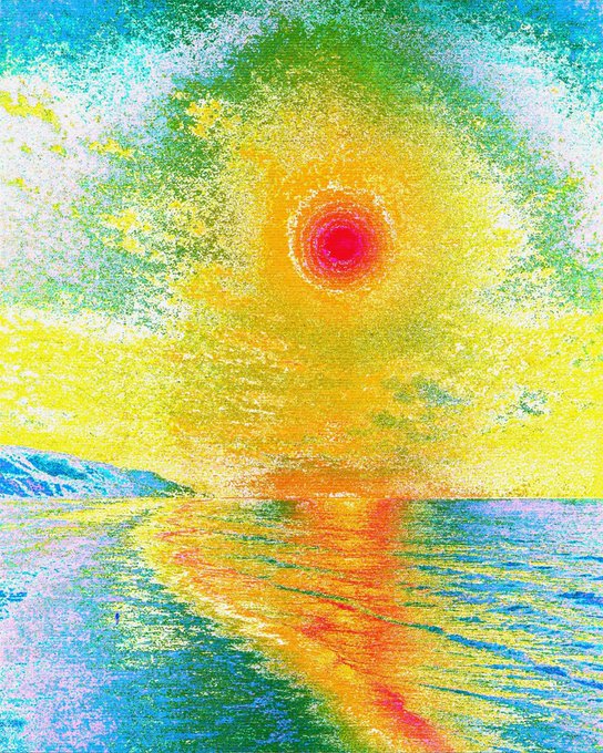 A textured, pastel-toned artwork depicts a bright red sun shining over a colorful, rippled sea, rendered in yellow, green, blue, and pink hues with a grainy finish.