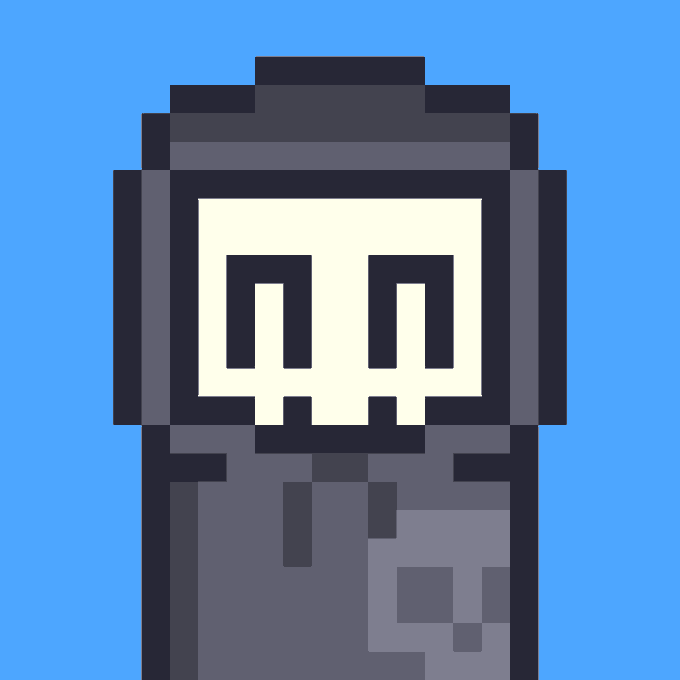A pixel art character with a pale face, two square eyes, and a dark gray body stands against a blue background, fitting the cheerful "Gm" (good morning) greeting to immutable art collectors. The simple, blocky design evokes the retro video game aesthetic often associated with NFT and crypto art communities.