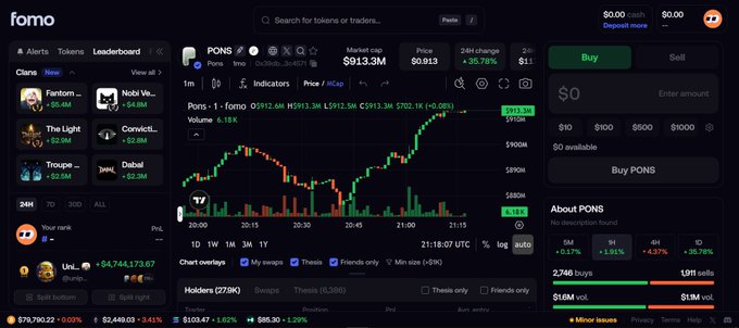A Fomo trading platform interface showing PONG token chart with market cap $913.3M and price $0.913 (+35.78%), featuring a clan leaderboard, buy/sell panel, and token details.