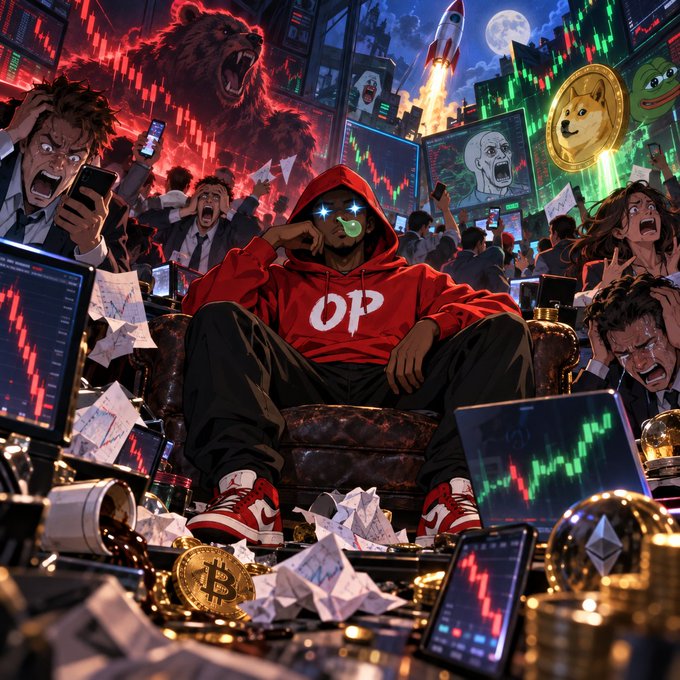 An anime-style illustration depicting a character in a red hoodie with 'OP' text sitting in a chair amidst chaos, with falling stock charts, panicked people, a bear, a Dogecoin, a rocket, and Bitcoin symbols surrounding them.