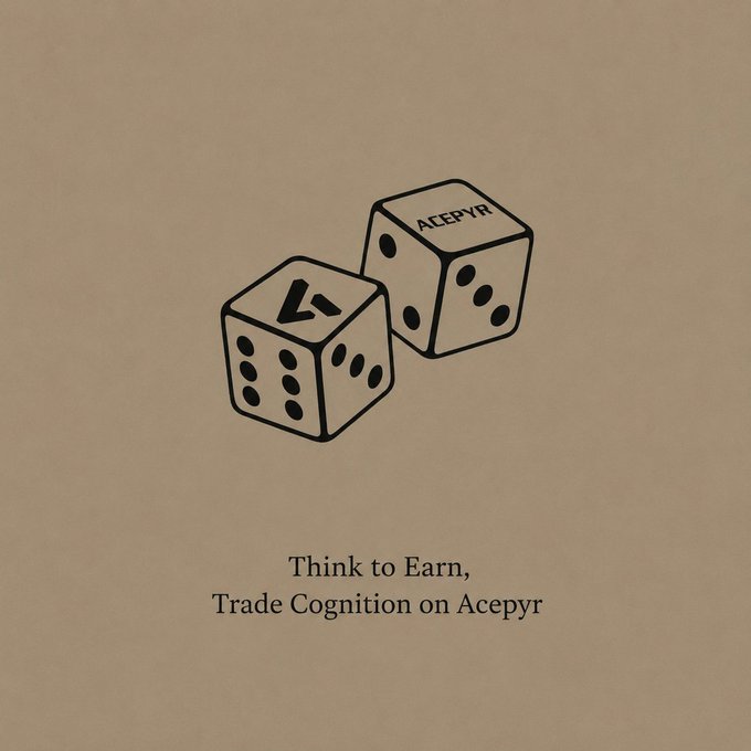 A minimalist beige-toned graphic featuring two illustrated dice—one branded with 'ACEPYR'—accompanied by the tagline 'Think to Earn, Trade Cognition on Acepyr.'