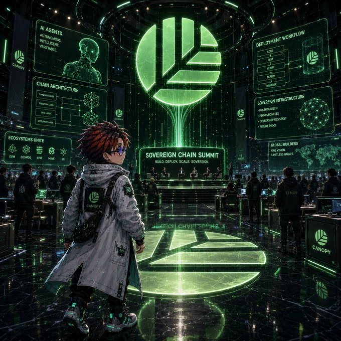 A futuristic tech summit scene labeled 'SOVEREIGN CHAIN SUMMIT' with green holographic displays showing 'AI AGENTS', 'CHAIN ARCHITECTURE', and 'DEPLOYMENT WORKFLOW', featuring a red-haired character watching presentations.