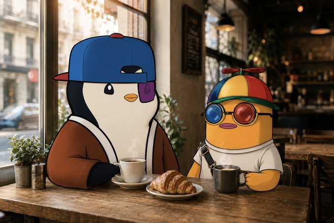 Two anthropomorphic characters—a penguin wearing a blue cap and a duck with propeller beanie and 3D glasses—sit at a cafe table sharing coffee and a croissant.