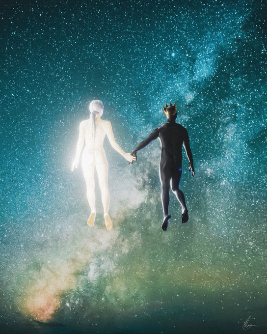Two luminous figures—one glowing white and one dark with a small crown—hold hands while floating upward through a starry cosmic sky reminiscent of the Milky Way.