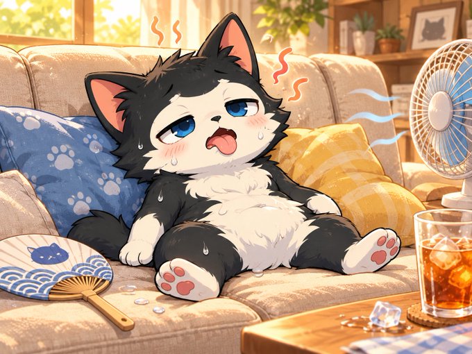 An illustration depicts a sweating black and white cat sitting exhausted on a couch next to a fan, with a glass of iced tea and a hand fan nearby.