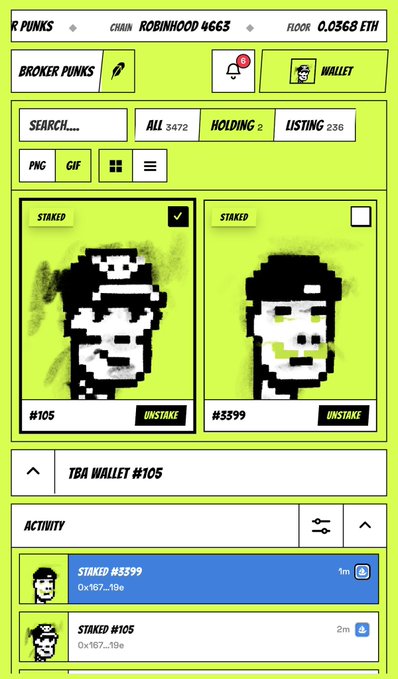 Mobile interface screenshot of a 'Broker Punks' NFT staking app showing a RobinHood-themed chain wallet with a floor of 0.0368 ETH, displaying two staked pixel-art punk NFTs (#105 and #3399) on a green background.