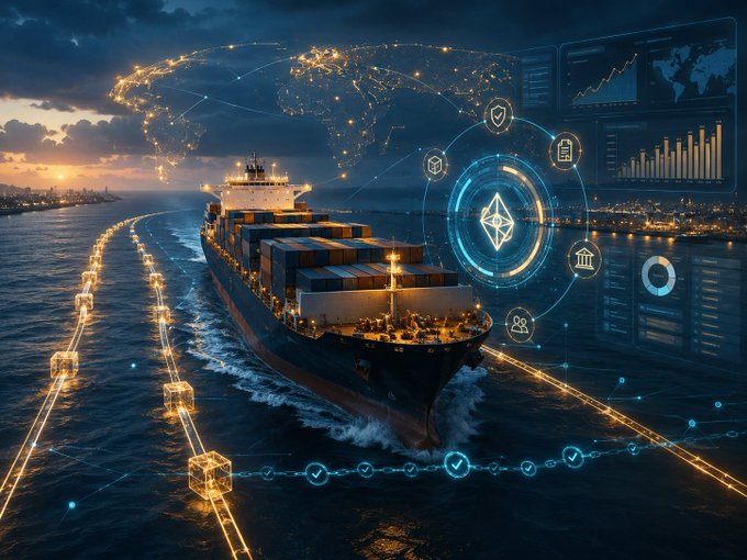 A container ship sails at dusk through waters overlaid with glowing digital nodes and blockchain interface panels, illustrating the convergence of maritime trade with Web3 infrastructure. The futuristic visuals symbolize how EthraShip leverages tokenized rails, verified data, and transparent funding loops to modernize global shipping operations.