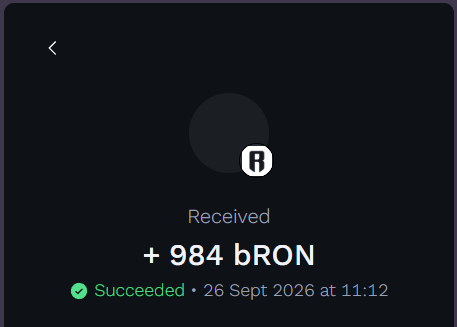 A digital receipt or transaction screen displaying 'Received +984 bRON' marked as 'Succeeded' on 26 Sept 2026 at 11:12.
