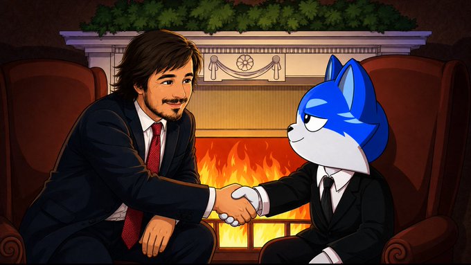 A cartoon-style illustration of a man in a suit shaking hands with Sonic the Hedgehog, who is also wearing a suit, in front of a fireplace.