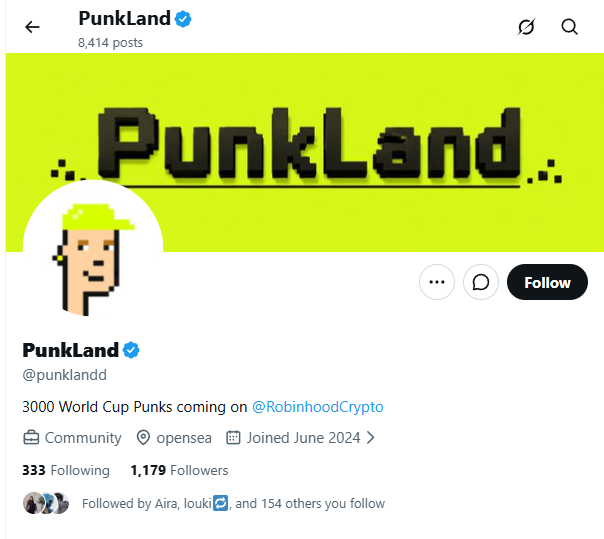 A Twitter/X profile page for the verified account @punklandd, a community with 8,414 posts and 1,179 followers, promoting '3000 World Cup Punks coming on @RobinhoodCrypto'.