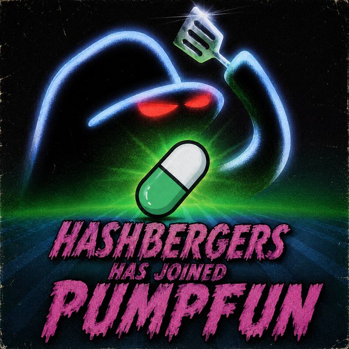 A retro-styled horror graphic with a ghostly shadowy figure holding a spatula, red glowing eyes, and a green pill, with pink horror-style text reading 'HASHBERGERS HAS JOINED PUMPFUN'.