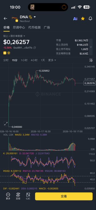 A Binance app screenshot displays a candlestick chart for the DNA/NeoSoul cryptocurrency pair, showing a current price of $0.26257.