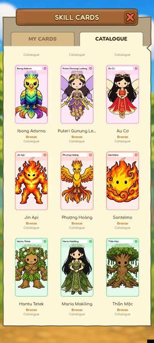 A 'SKILL CARDS' catalogue screen from a mobile game, showing various collectible cards with names like 'Ibong Adarna', 'Puteri Gunung Ledang', 'Jin Api', and 'Maria Makiling', categorized under 'Bronze'.