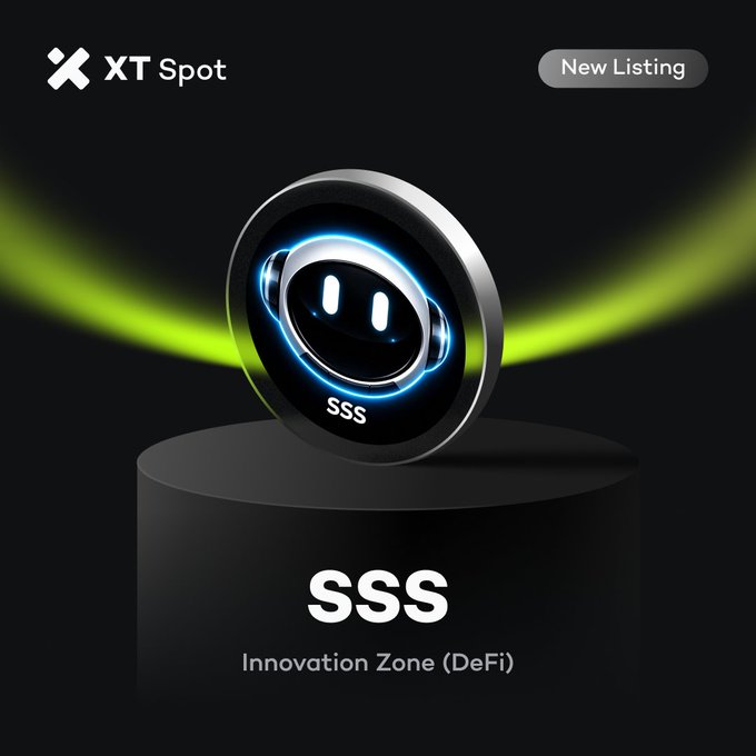 XT.com announcement graphic featuring the SSS (SolyAi) token's metallic robot-themed logo displayed on a podium with a green spotlight, confirming its new listing in the Innovation Zone (DeFi) with deposit trading already opened.