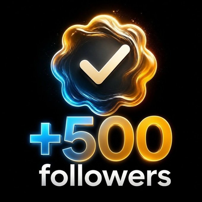 A celebratory graphic featuring a glowing blue and gold checkmark seal with the text '+500 followers'.