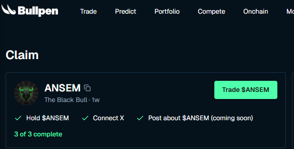 A 'Bullish' platform Claim page showing a completed task for '$ANSEM - The Black Bull - 1w' with all three tasks (Hold $ANSEM, Connect X, Post about $ANSEM) marked complete.